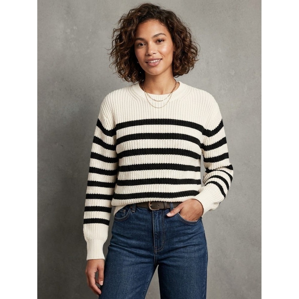 Gap Womens Medium Striped Cotton Shaker Knit Sweater Cream Black Long Sleeve
